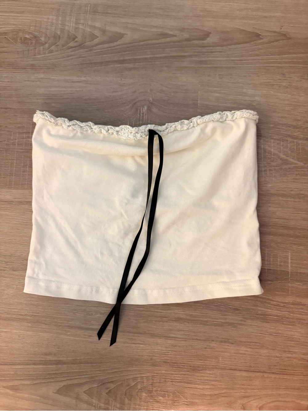 Urban Outfitters Cream Lace-Trim Strapless Tube Top with Black Ribbon